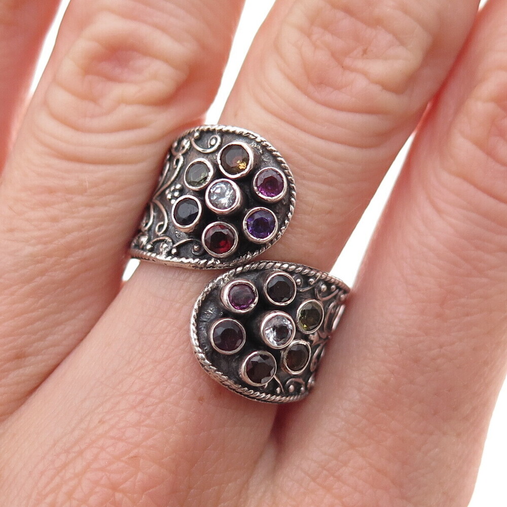 925 Sterling Silver Vintage Real Multi-Color Gem Floral Adjustable Ring Size 8